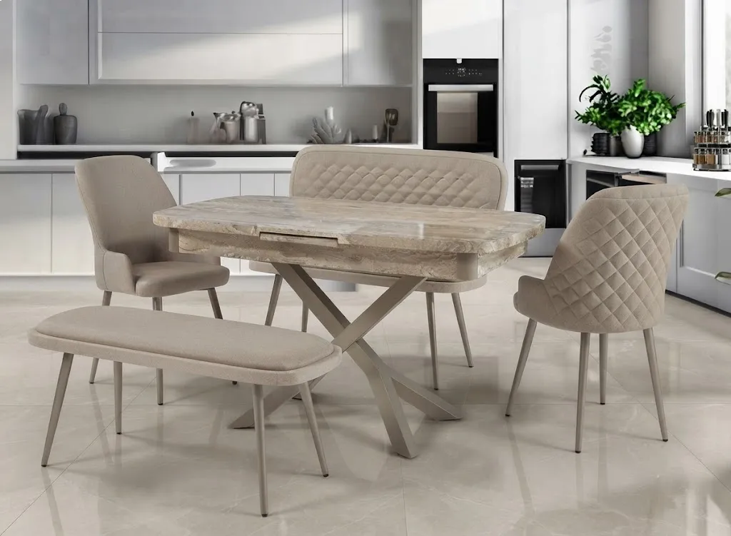 Atlantik Traverten Masa Kapuçino Yağmur Bank Takımı
